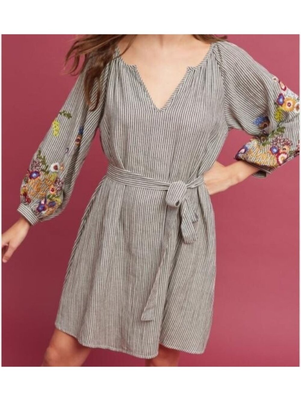 Anthropologie Featherbone Lindsay Embroidered Striped Tunic Dress S